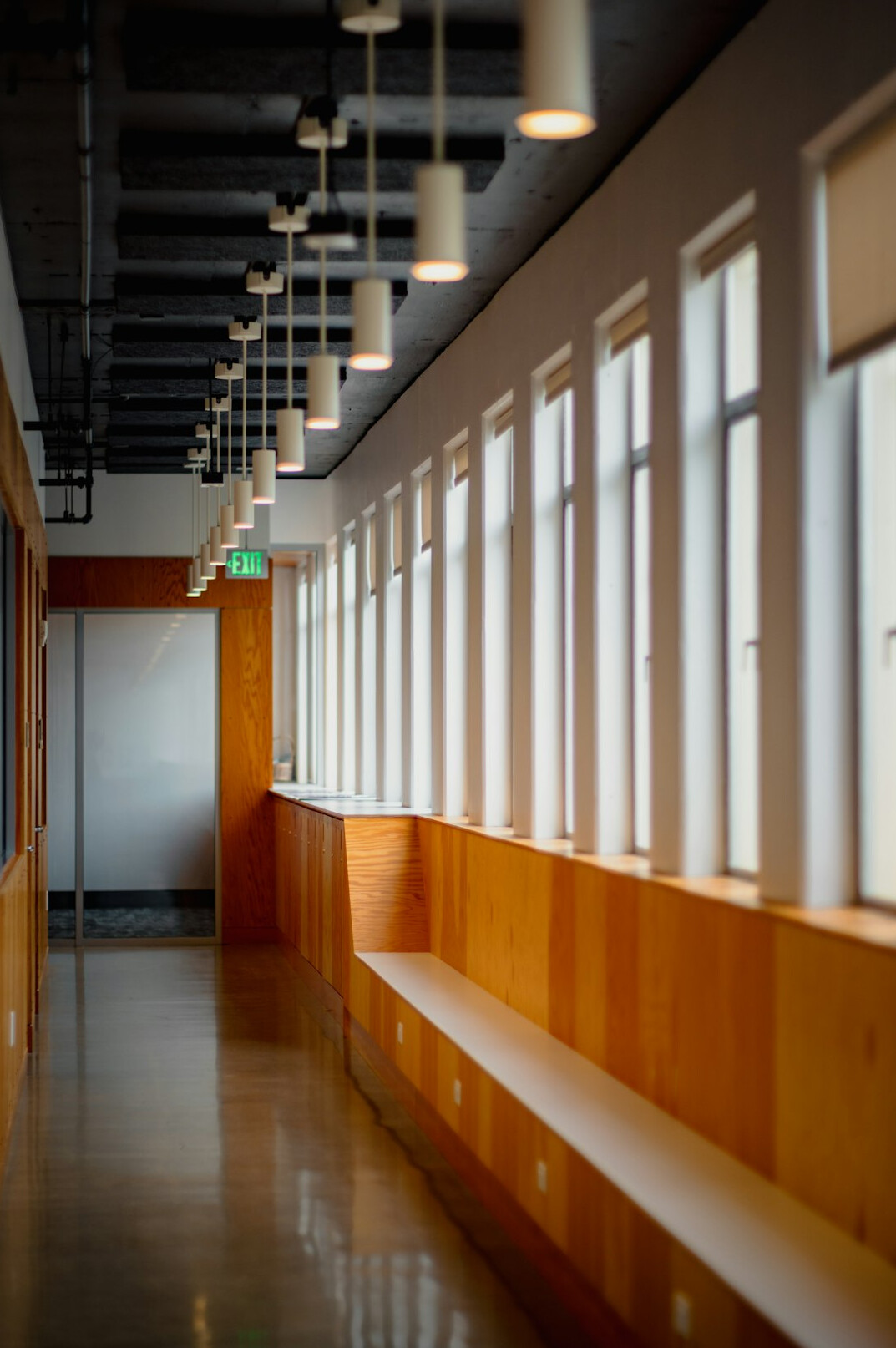 Bright modern open-plan office with large windows and wooden desks